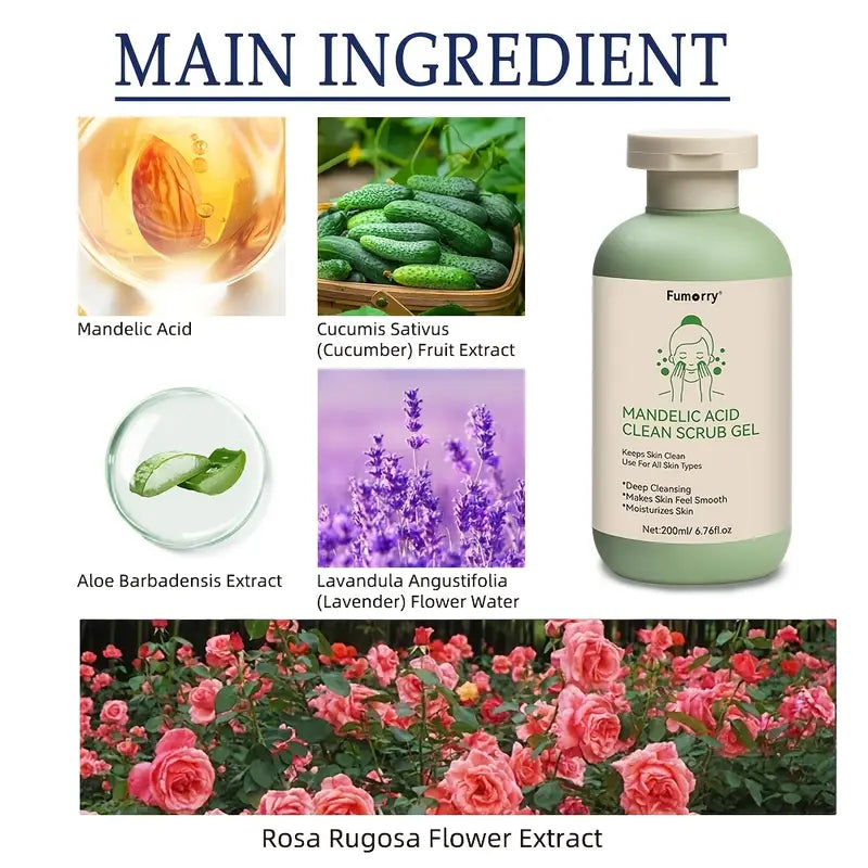 Mandelic Acid Exfoliating Gel with Mandelic Acid - Aloe & Rose Extract, Face And Body Scrub Gel– 200ml